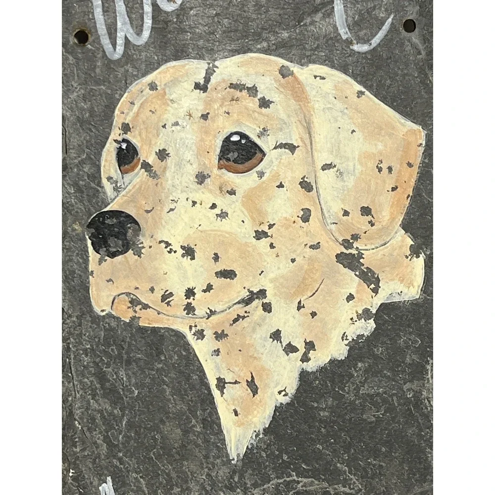 Hand Painted Slate Welcome Sign Yellow Labrador Retriever Dog Rustic Stone Decor